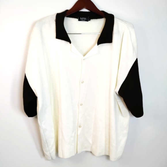 Boohoo MAN Acrylic L Chocolate & Cream Button Up Short Sleeve‎ Dress Sweater VTG - Picture 1 of 11
